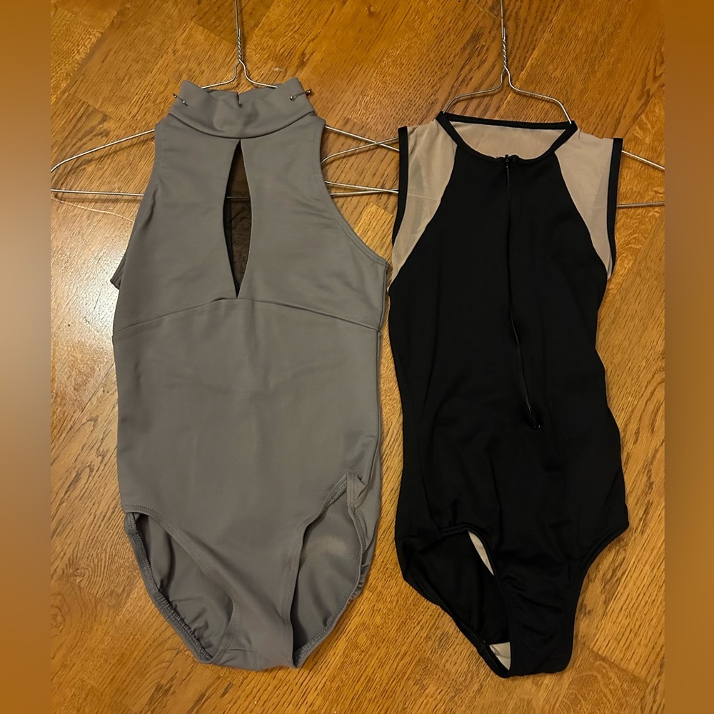 Set of 2 leotards - size petite.  Gray Ainslie Wear & black Natalie Dancewear